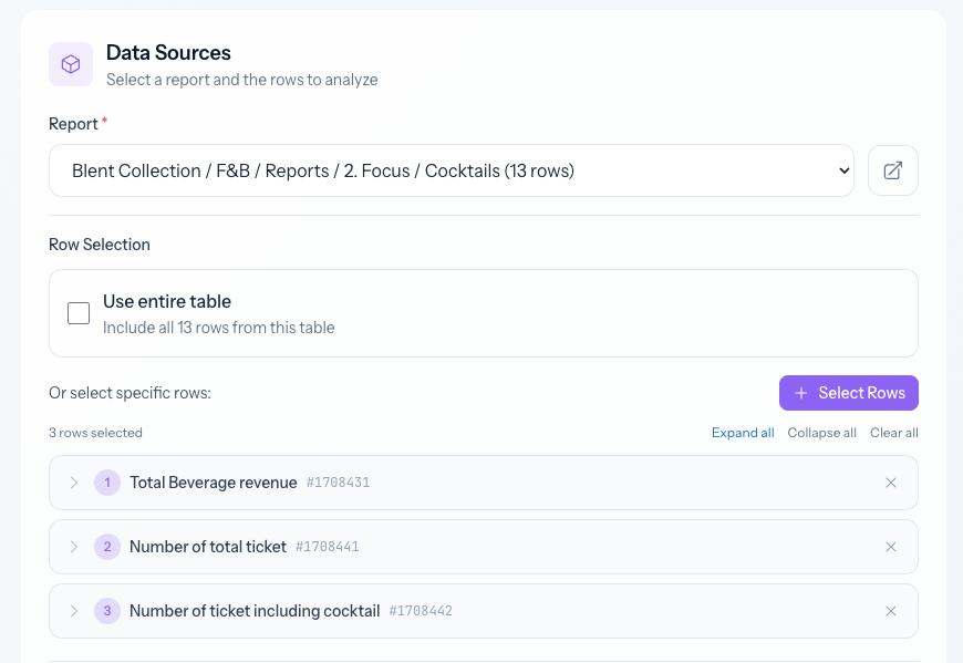 Advisor Studio: selecting the report and data rows the advisor reads.