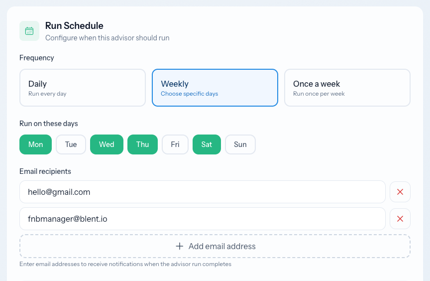 Advisor Studio: setting the advisor's run schedule and email recipients.