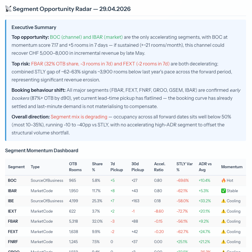 Segment opportunity radar with an executive summary and a segment momentum dashboard.